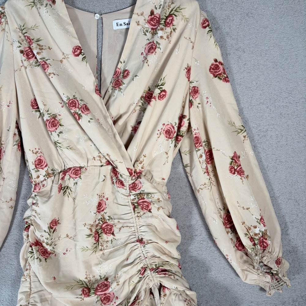 En Saison Floral Ruched Wrap Mini Dress Women's Size M‎ Beige Red Anthropologie - Picture 6 of 15